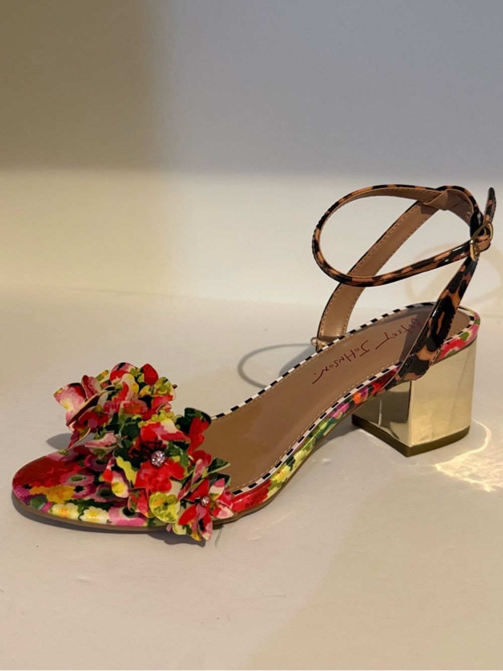 Betsey Johnson Floral Multi-Color Block Heel Sandal with Gold Heel